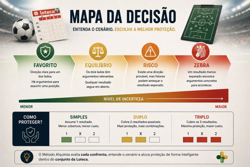 Mapa de decisão da Loteca com favorito, equilíbrio, risco e zebra